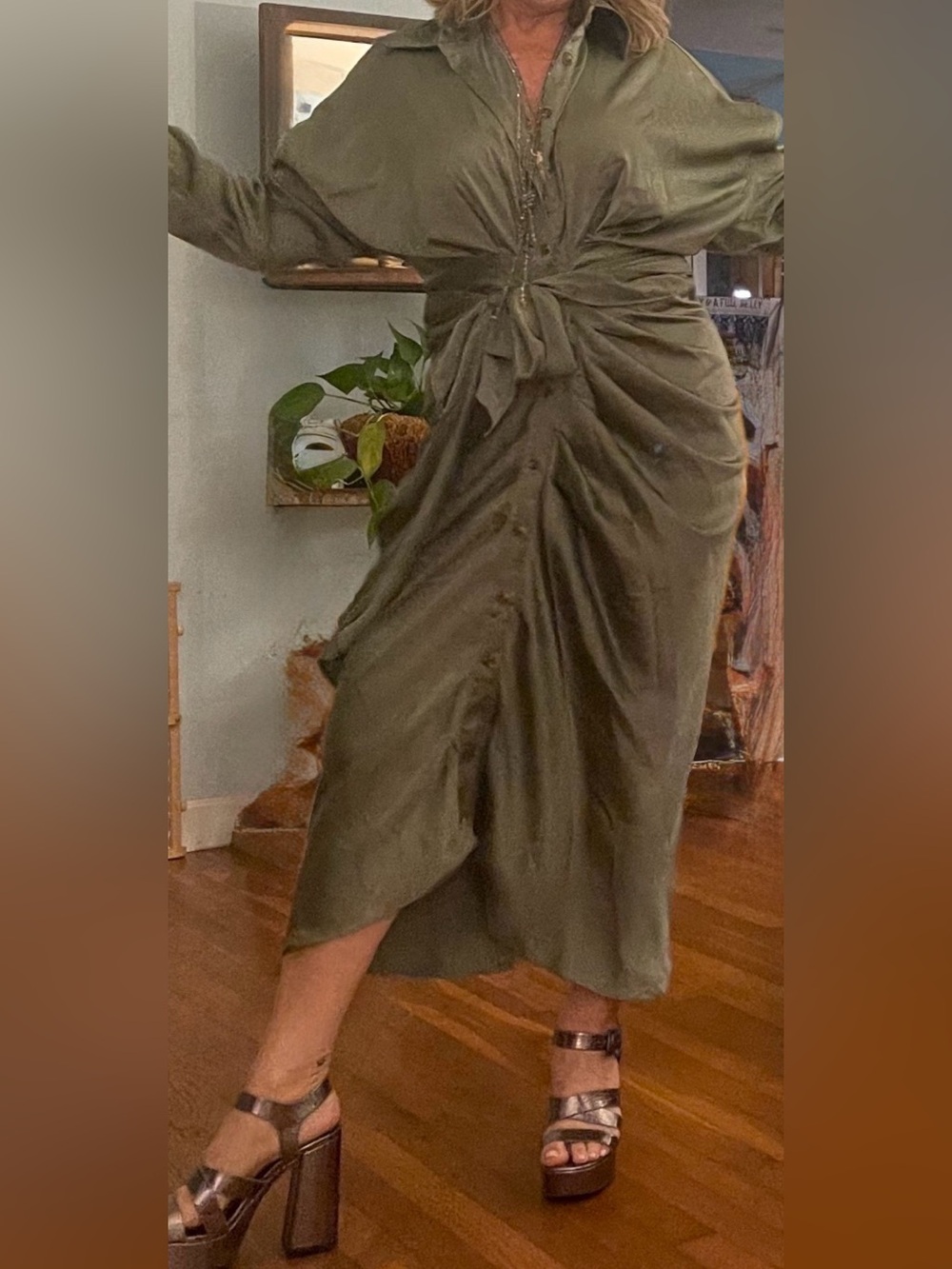 Ruched Satin Olive Midi  Dress with Button Front & wrap sash belt - size L 8/10 - Picture 2 of 8